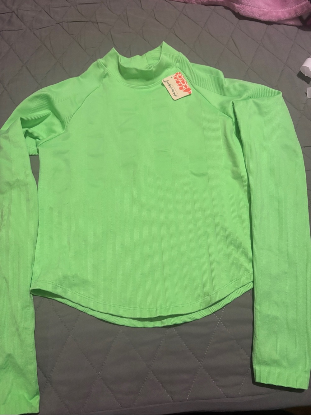 Free People Neon Green Long Sleeve Ribbed Mock Neck Top